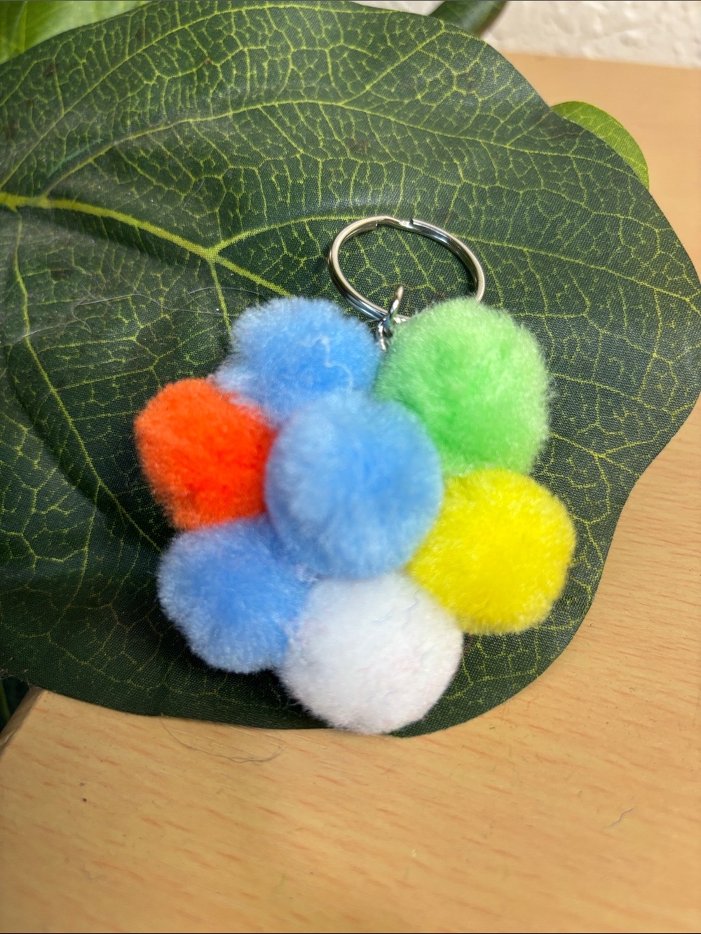 Kids Multicolor Pom-Pom Flower Keychain - Blue, Green, Yellow, Orange, White